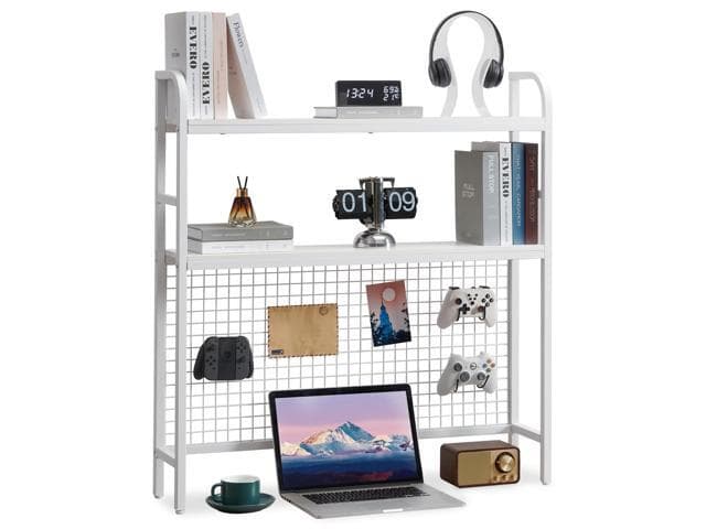 Desk Shelf, 36.8 Desktop Organizer Shelf with Grid Panel and Hooks, Desk Hutch for Computer Monitor, 2 Tier Desk Display Rack Wood Desktop...