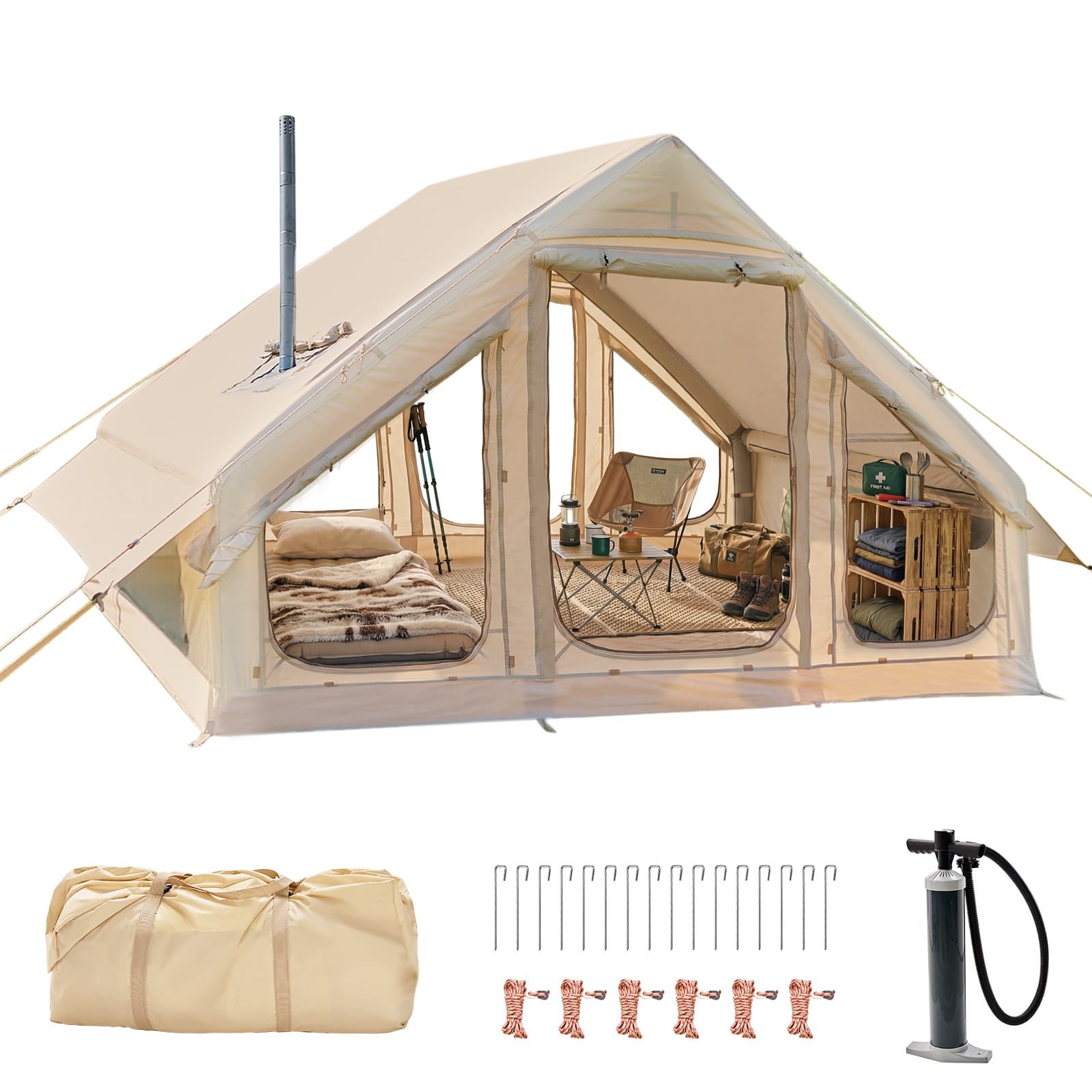 Inflatable Tents for 4-6 Person Camping Tent Blow Up Tent w/ Pump & Stove Jack
