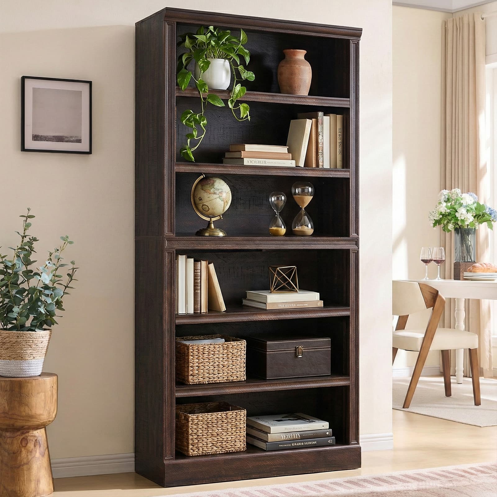 75.2In Tall 6 Shelf Wood Bookshelf Adjustable Wide Book Bookcase Storage Shelvin