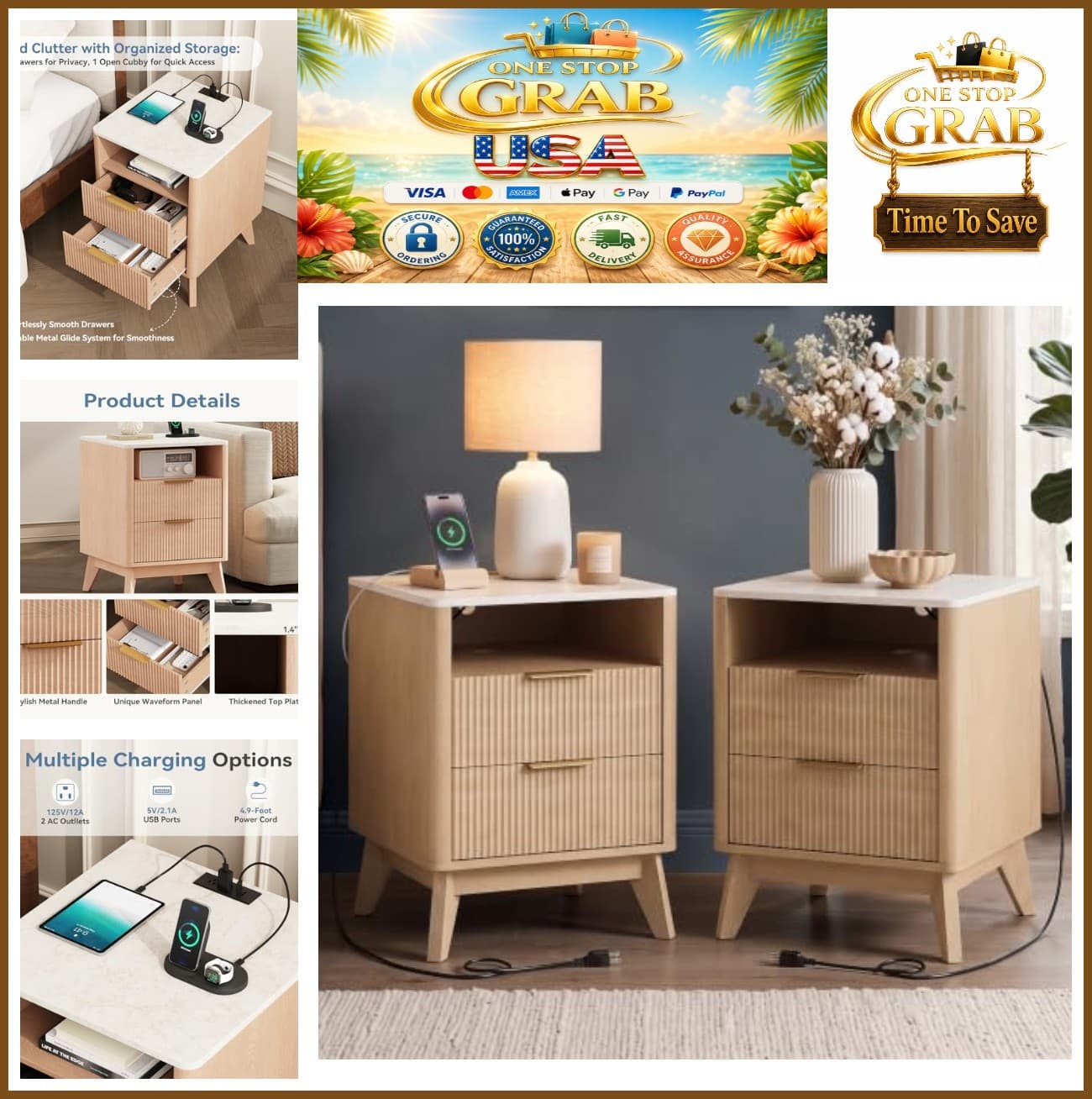 Nightstand Set of 2 18 Inch with USB Charging Ports Two Drawers Open Shelf Faux