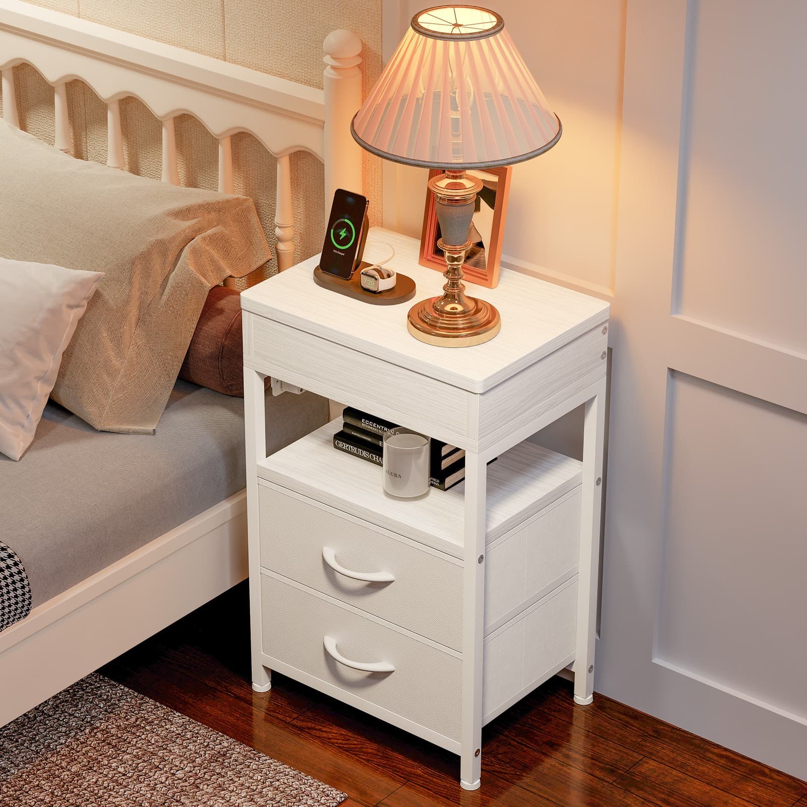 Nightstand End Side Table with Charging Station & 2 Drawers for Bedroom White