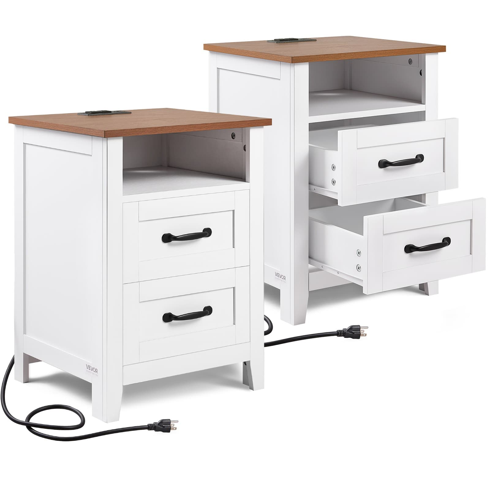 Uimoso Farmhouse Nightstands with Charging Station and 2 Drawers, Set of 2
