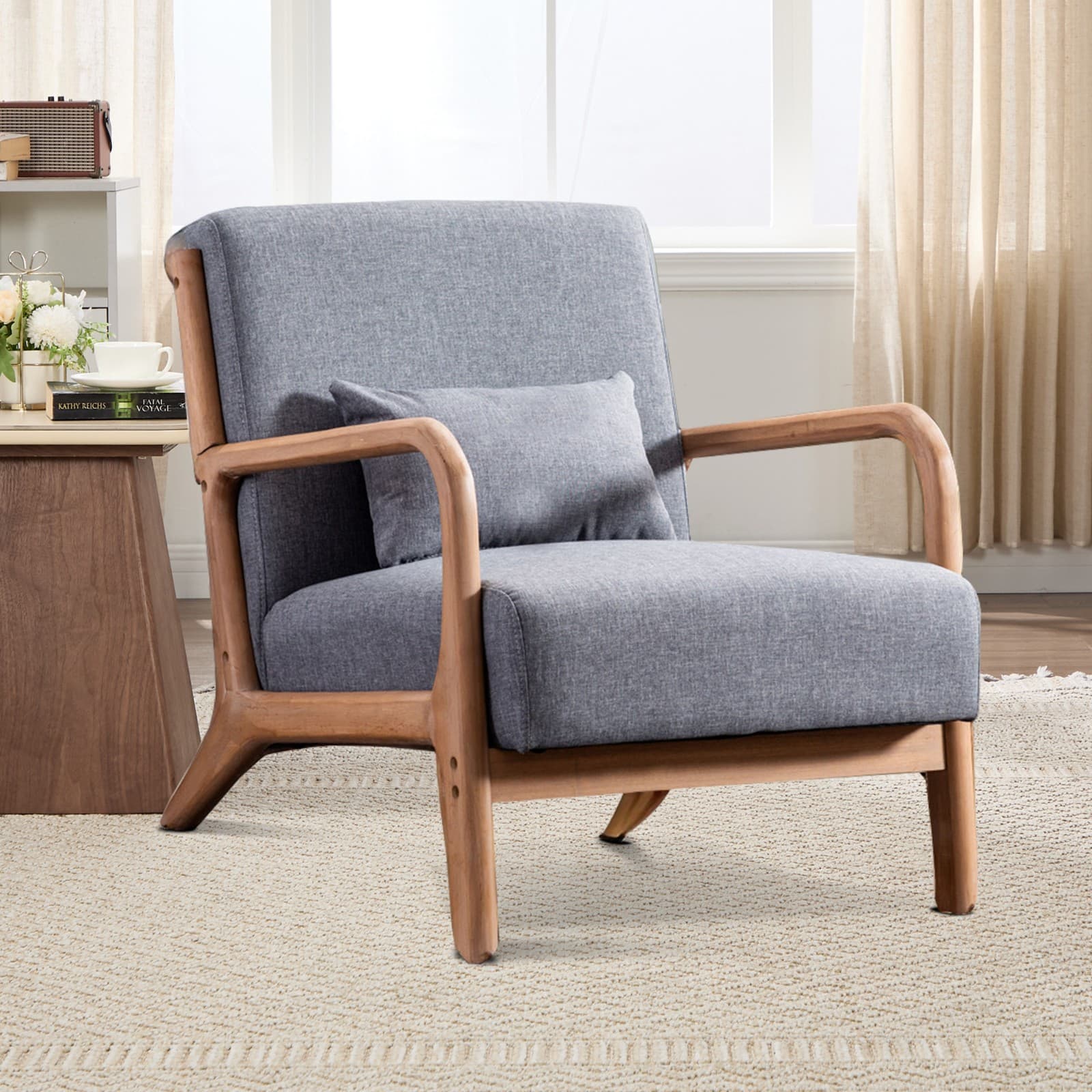Canmov Mid Century Modern Accent Chair,Fabric Reading Chair w/ Solid Wood Frame