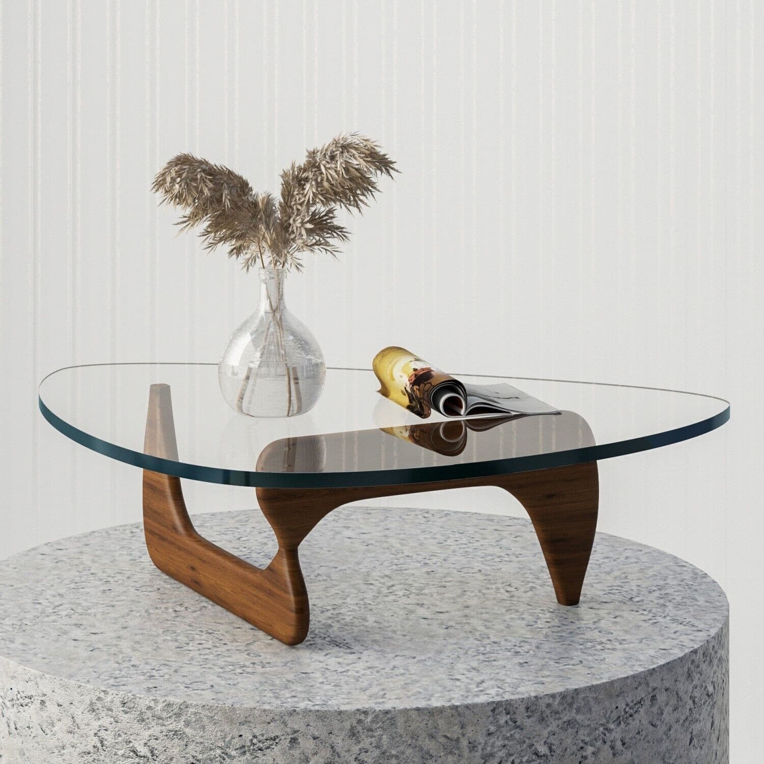 Noguchi Style Coffee Table Triangle Glass Top Premium Solid Hardwood Base Walnut