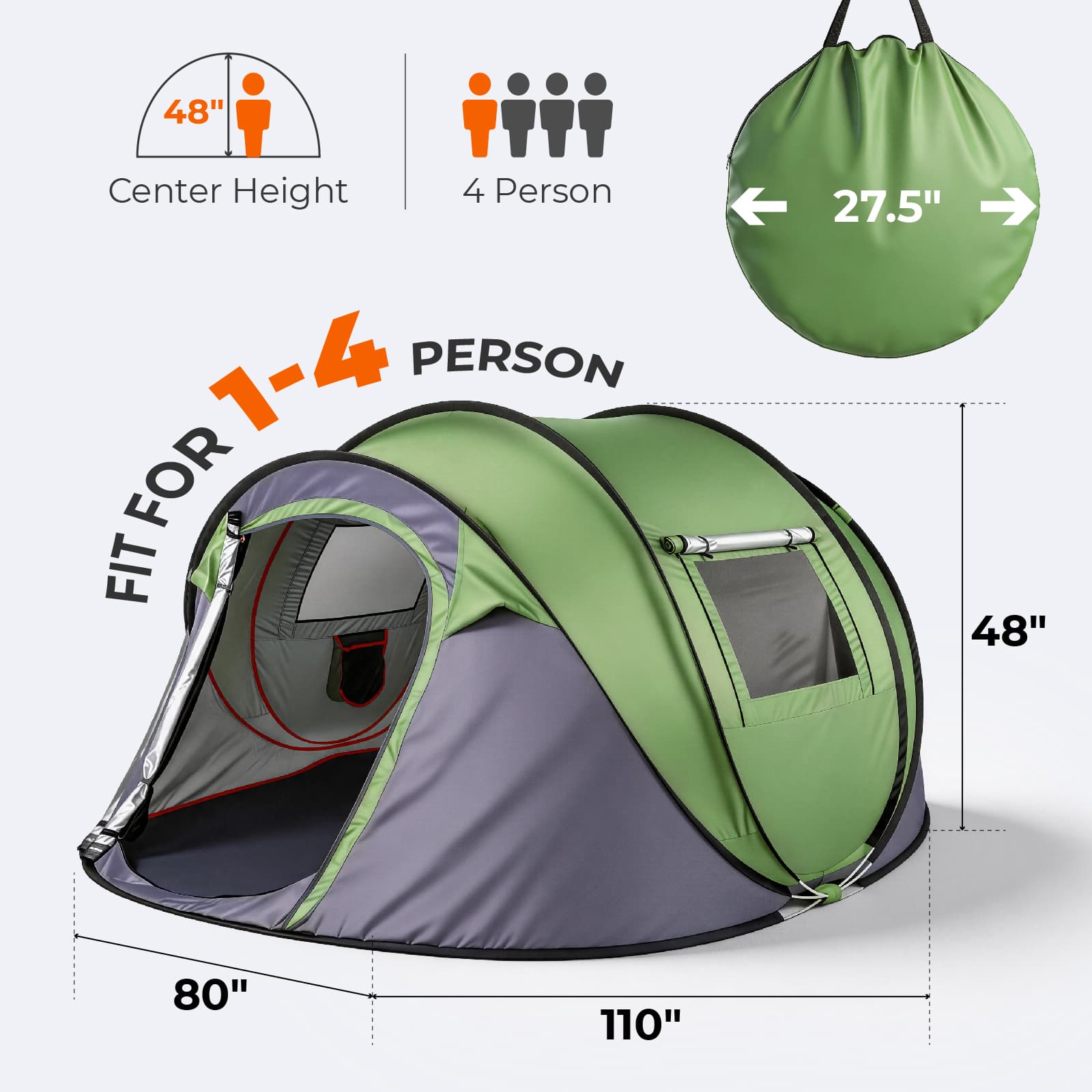 Camping Tent for 3-4-Person, Easy Pop Up Tent w/ Door, Carrying Bag for Outdoor